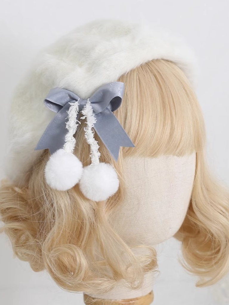 Cream Fur Ribbon Pom-pom Beret