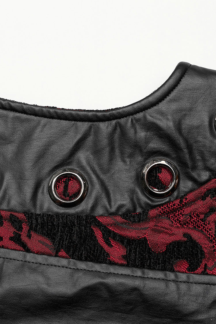 Black/red Stand Collar Jacquard Print Stitching Metal Ring Decoration Gothic Vest
