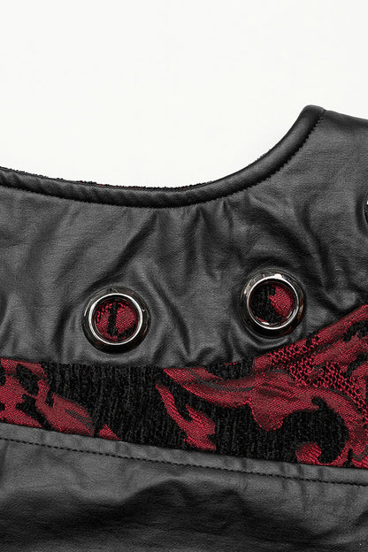 Black/red Stand Collar Jacquard Print Stitching Metal Ring Decoration Gothic Vest