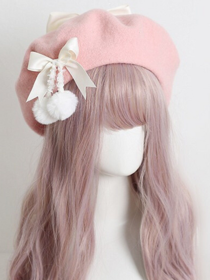 Girly Ribbon Pom-pom Beret