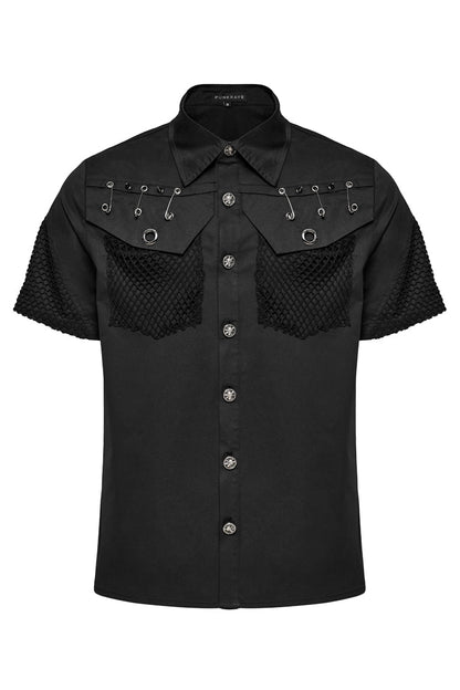 Black Lapel Collar Short Sleeves Mesh Stitching Punk Blouse