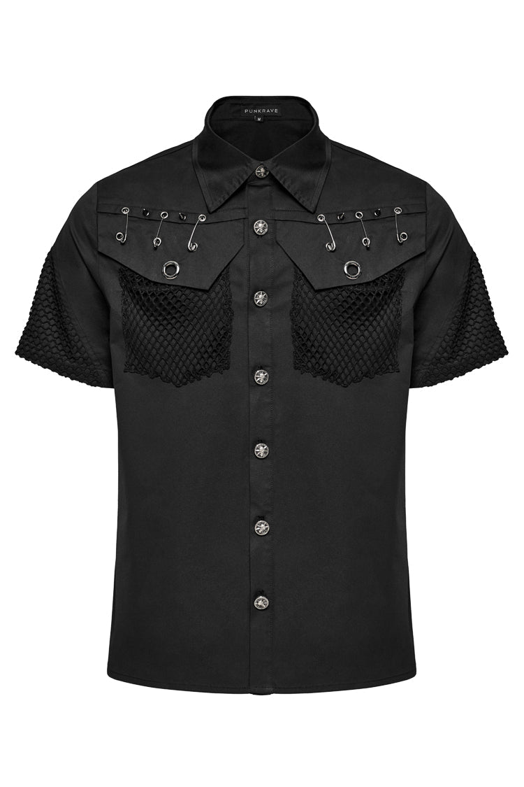 Black Lapel Collar Short Sleeves Mesh Stitching Punk Blouse