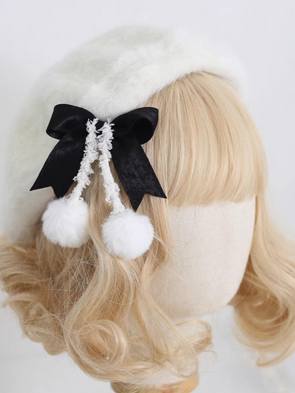 Cream Fur Ribbon Pom-pom Beret