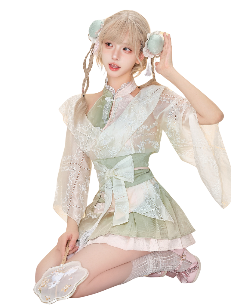 Sweet Chinese-style Cardigan + Sleeveless Top + Pleated Skirt