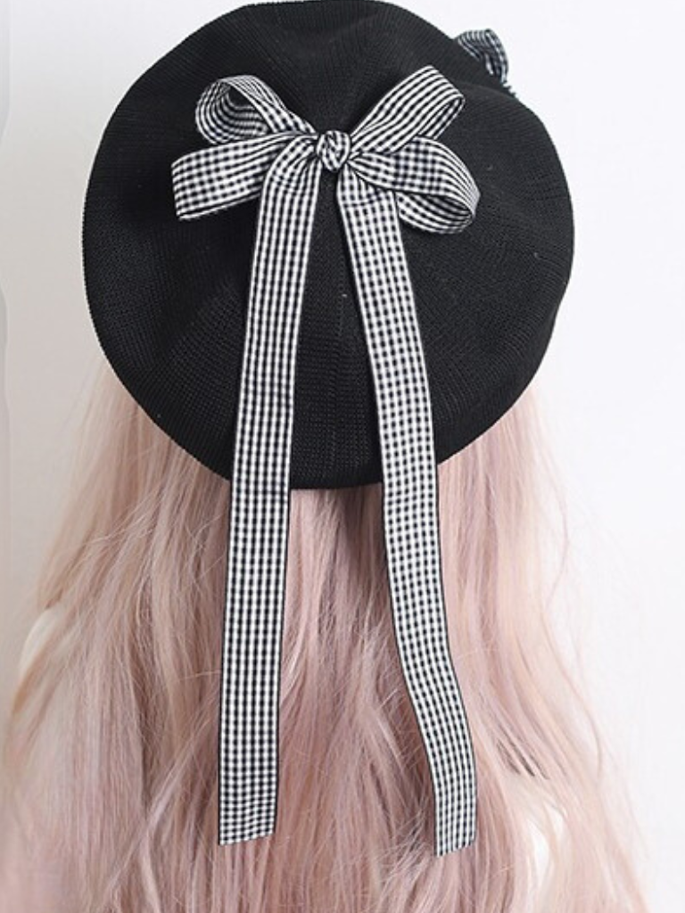 Plaid Lace Ribbon Beret