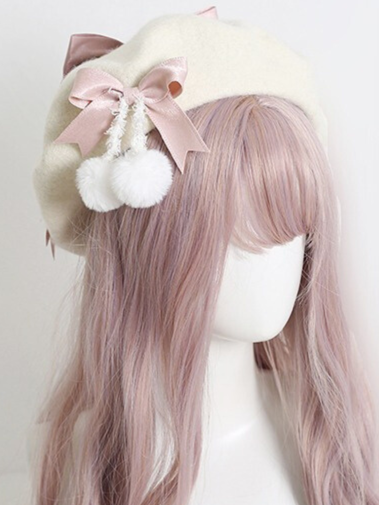 Girly Ribbon Pom-pom Beret