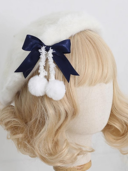Cream Fur Ribbon Pom-pom Beret