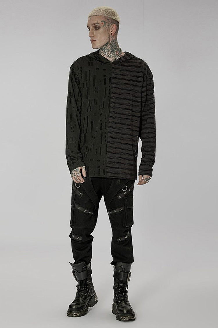 Black Punk Personality Left-right Asymmetrical Knitted Stitching Hooded T-shirt