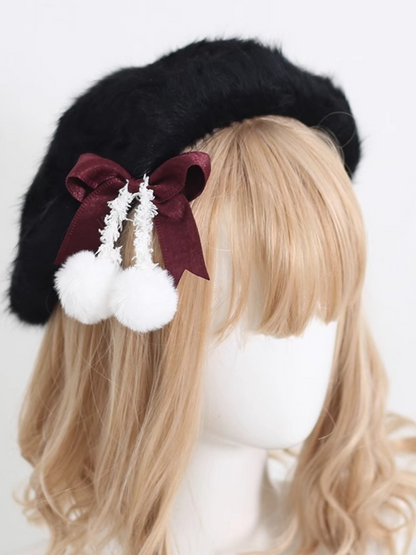 Cream Fur Ribbon Pom-pom Beret