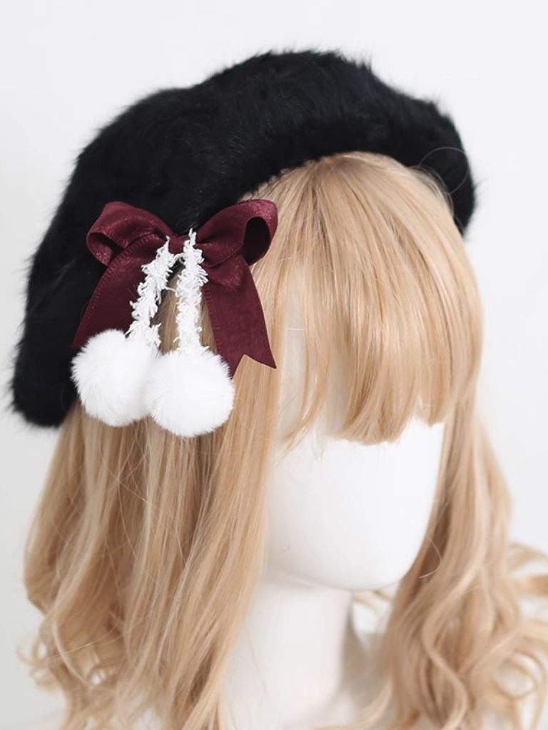 Cream Fur Ribbon Pom-pom Beret