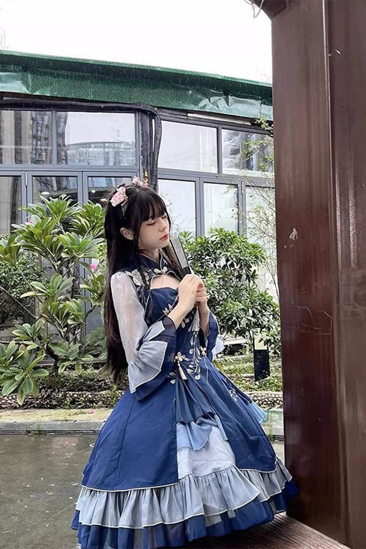 Blue Multi-layer Print Ruffle Classic Chinese Style Princess Lolita Jsk Dress