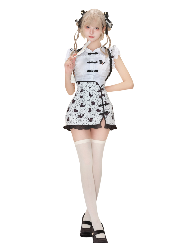 Black Cat Chinese-style Top + Slit Cat Skirt