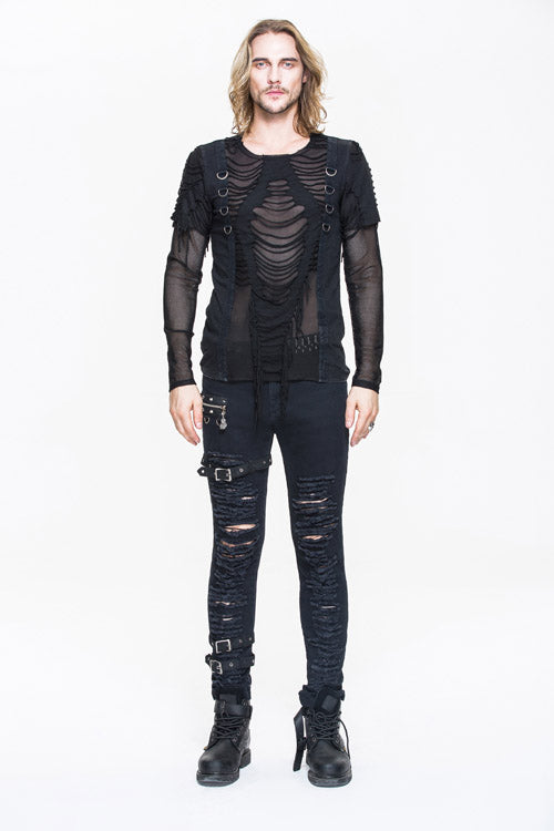 Black Knitted Diamond Mesh Punk T-shirt With Ribbons