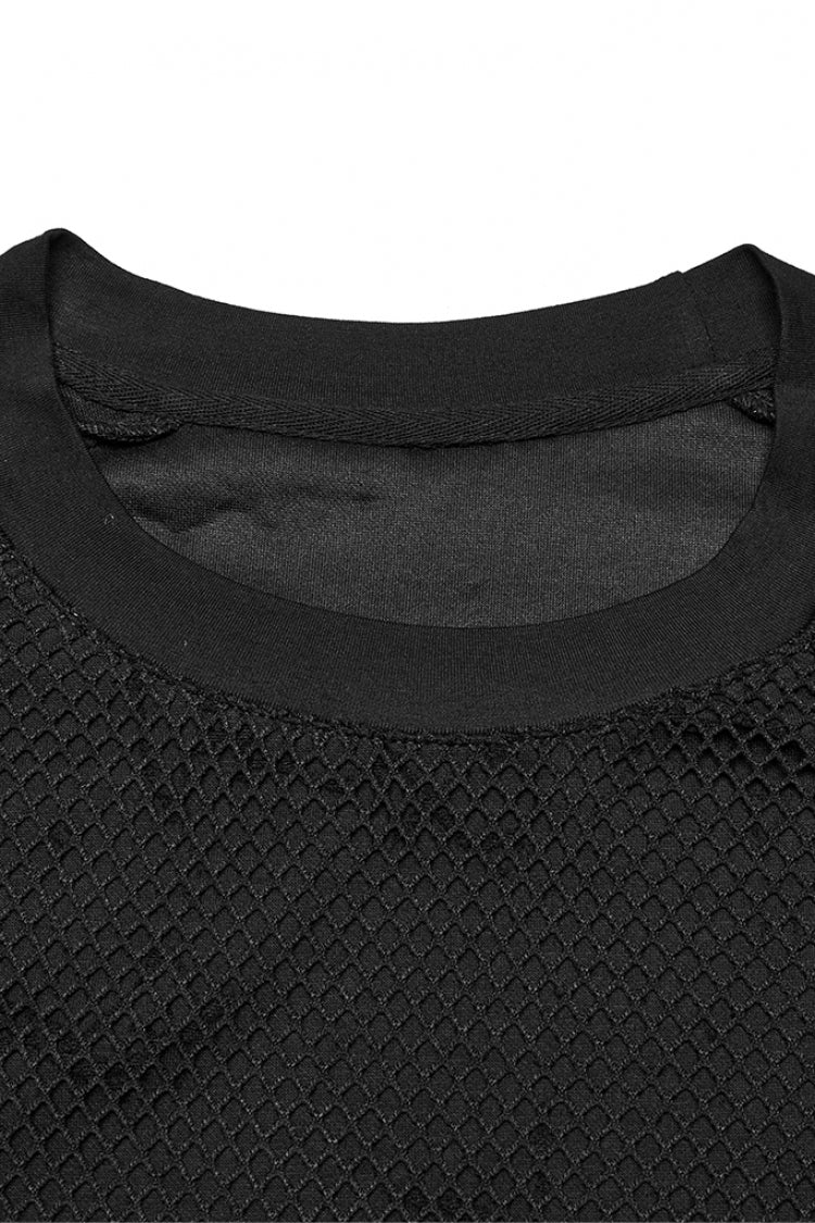 Black Round Collar Sleeveless Stitching Mesh Ripped Punk Vest