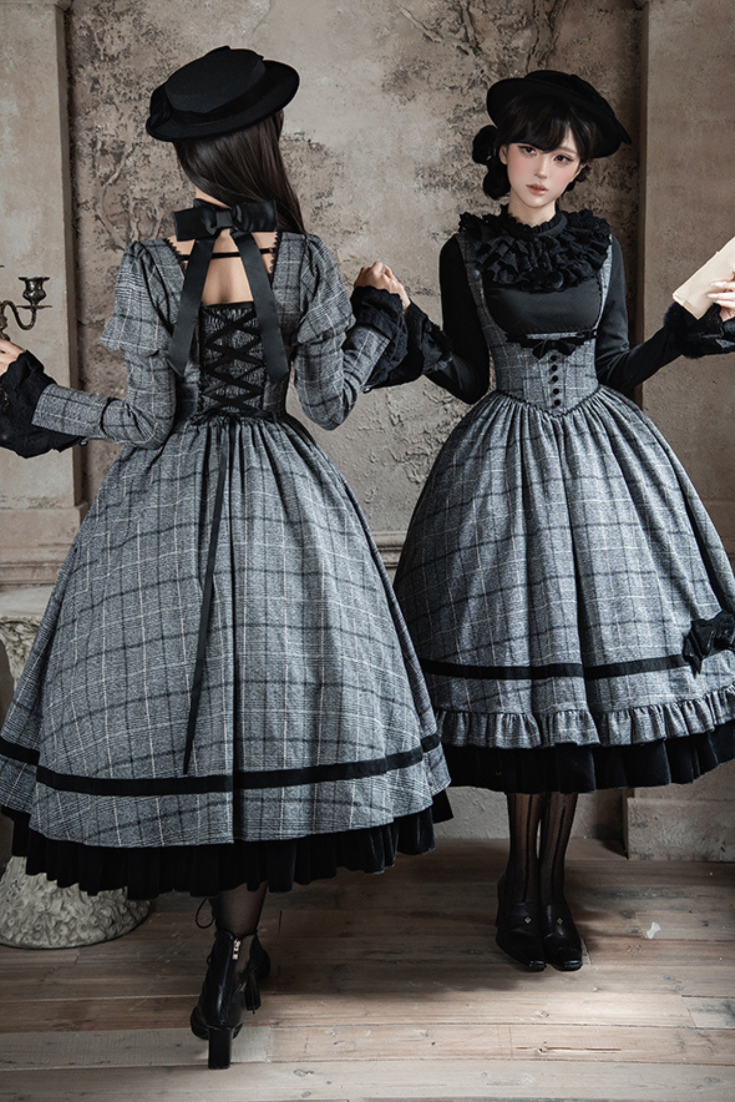 Plaid Fishbone Chest Jsk + Dress + Innerwear + Ribbon + Hat