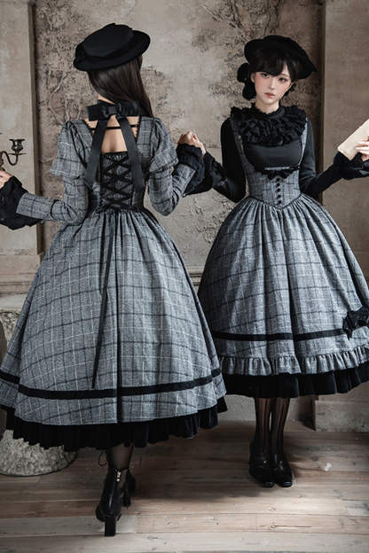 Plaid Fishbone Chest Jsk + Dress + Innerwear + Ribbon + Hat