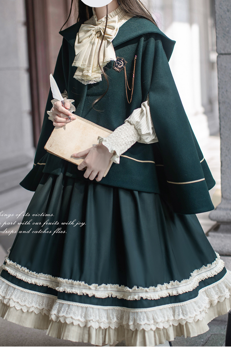 [pre-order] Retro Academia Jumper Skirt + Striped Shirt + Hooded Cape + Short Jacket + Collar + Brooch