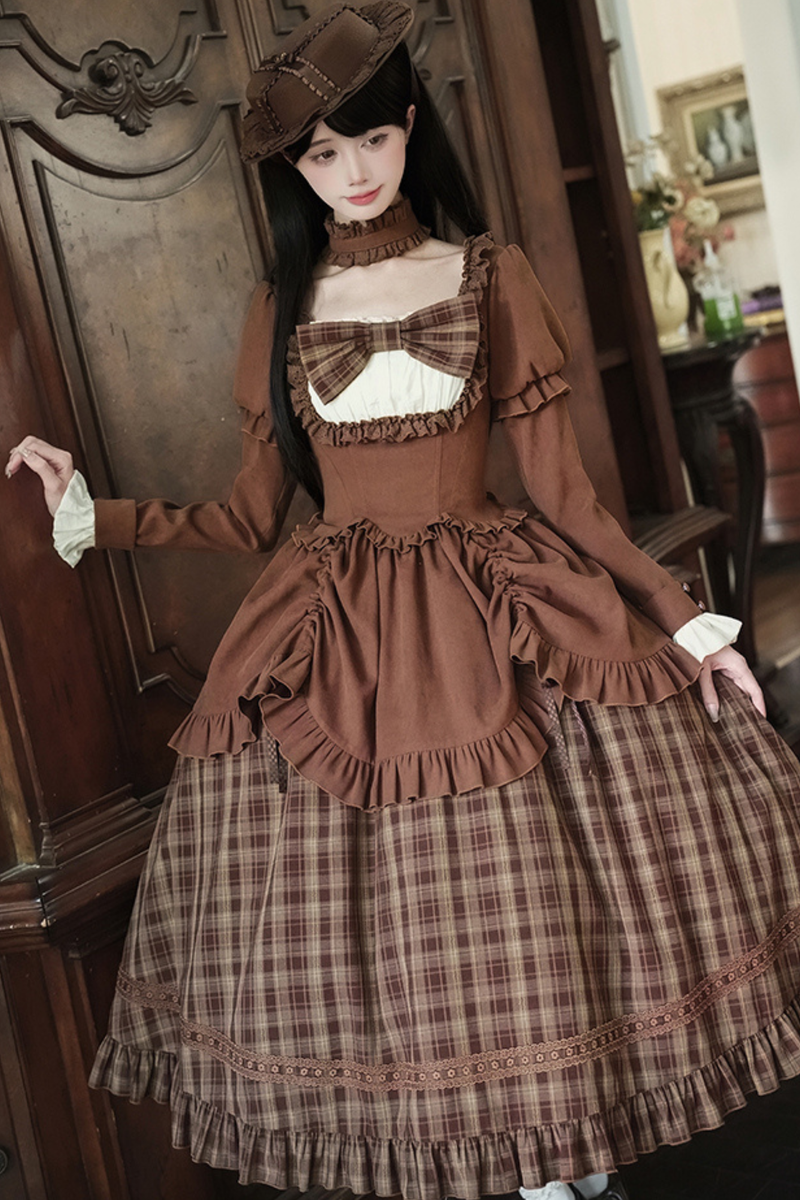 Sweet Checked Doll Dress + 2-way Ribbon + Bow + Hat