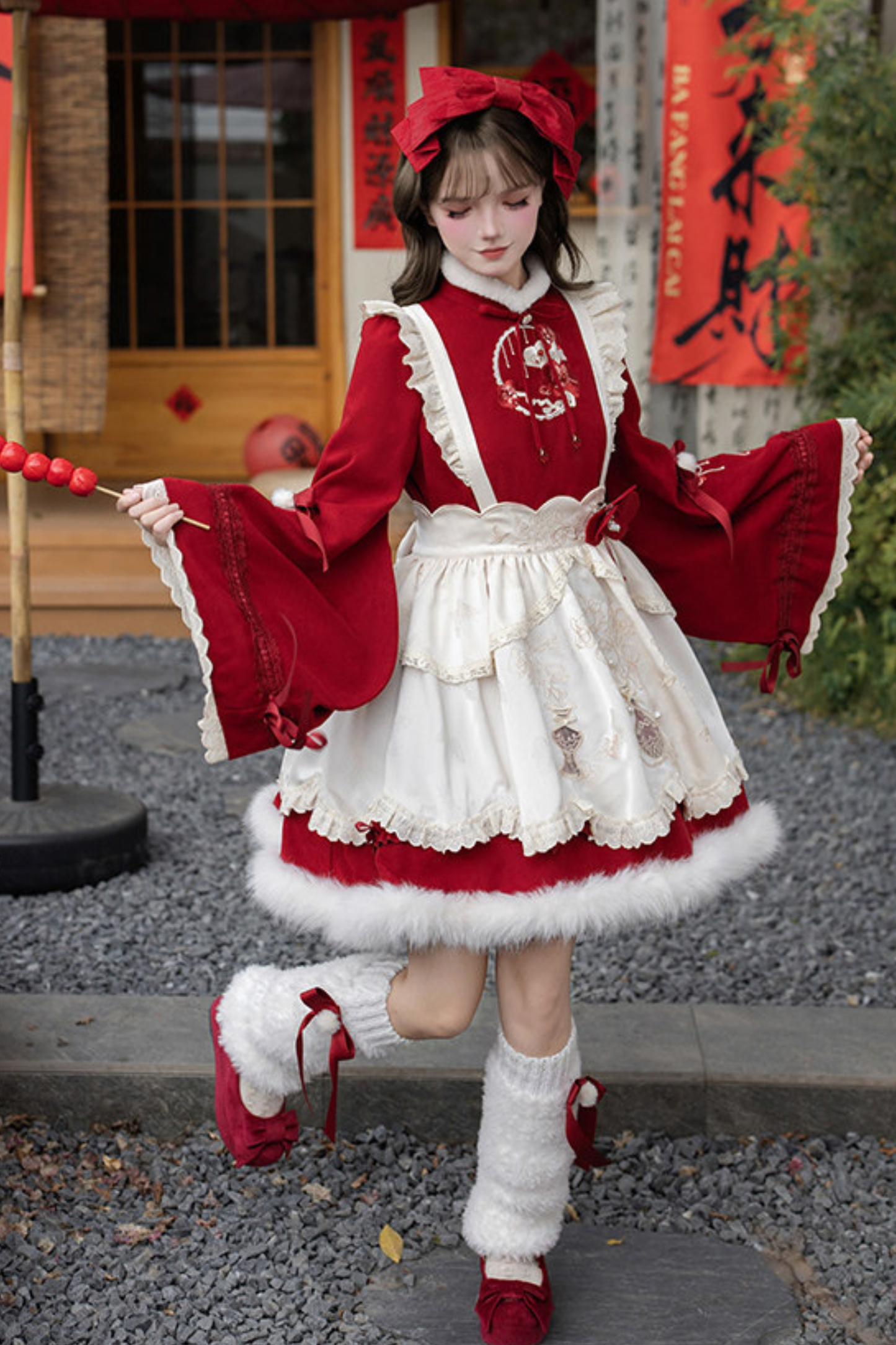 Chinese-style Big Sleeve Dress + Apron + Skirt + Leg Warmers + Hairband + Clip + Pin