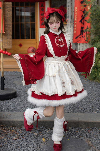 Chinese-style Big Sleeve Dress + Apron + Skirt + Leg Warmers + Hairband + Clip + Pin