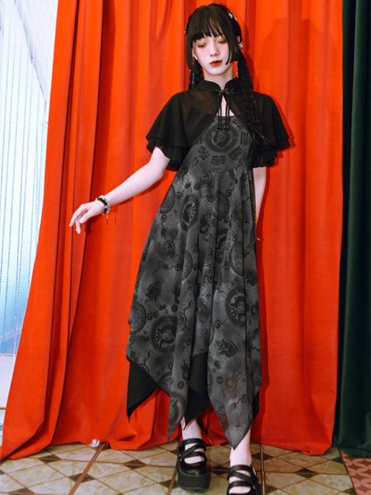 Dark Chinese-style Asymmetric Long Camisole Dress + Short Cardigan