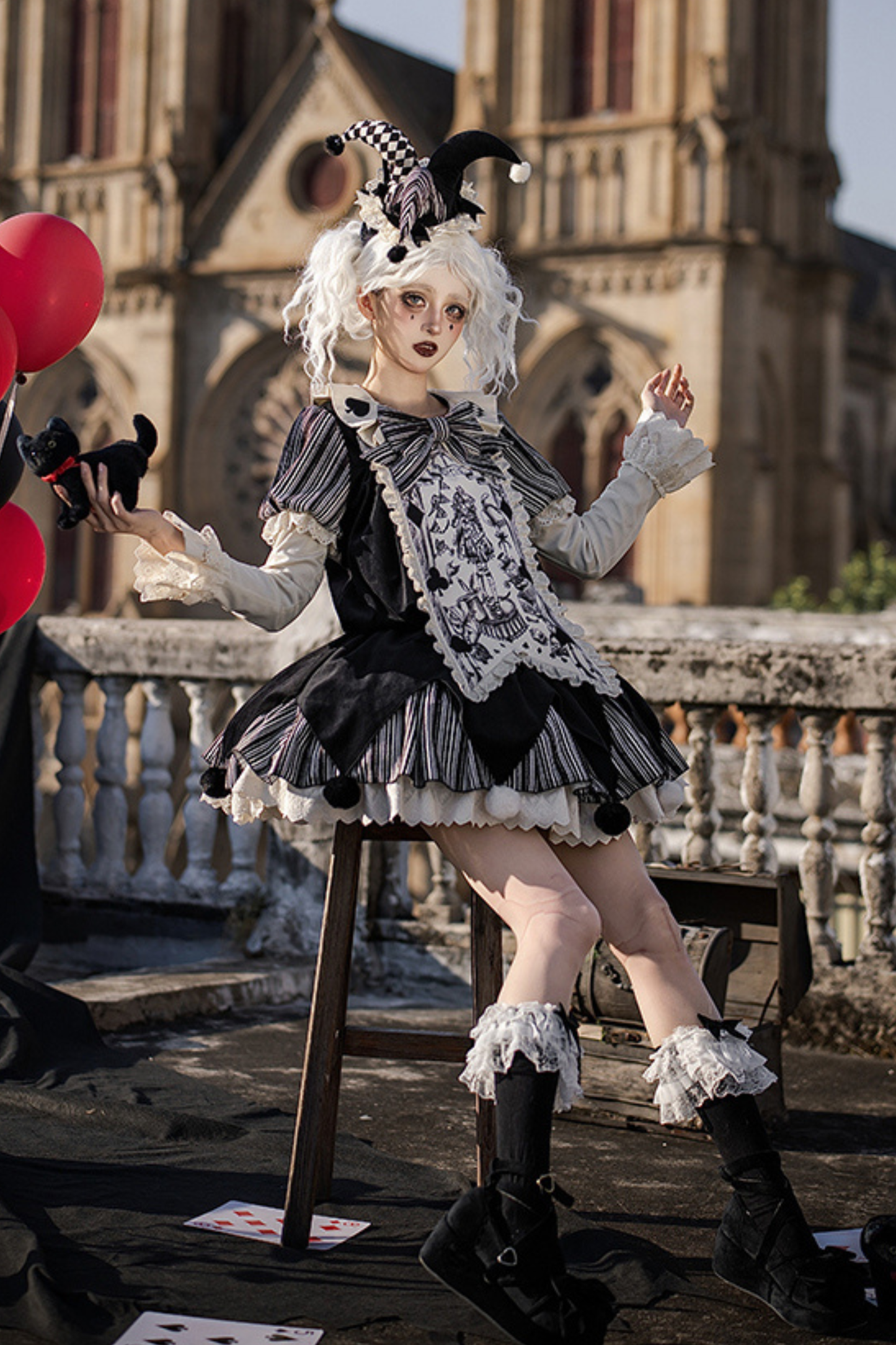 Doll Circus Pierrot Lolita Dress + Headband + Belt + Ribbon + Headband + Panel
