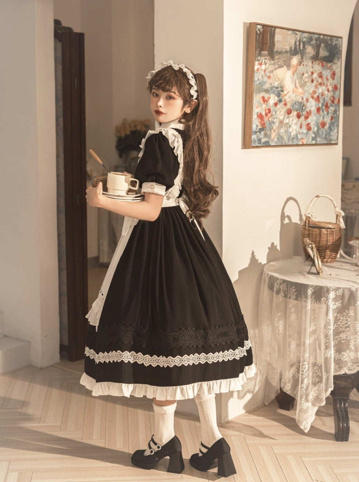 Front Ribbon Lantern Long Sleeve Maid Dress + Ruffle Big Ribbon Apron