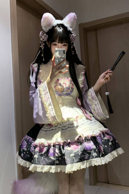 Chinese-style Lolita Top + Skirt + Apron + Headband + Bonnet