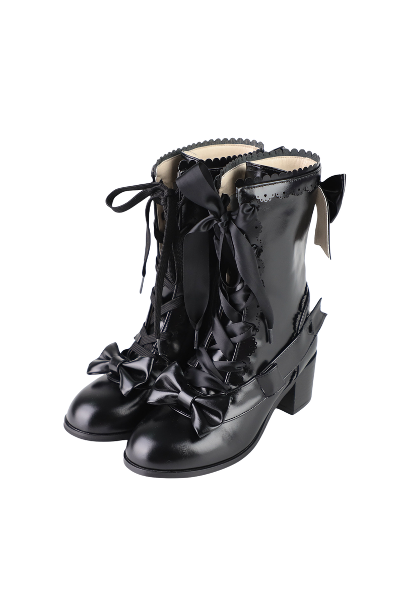 Ribbon Lace Up Mid Calf Boots
