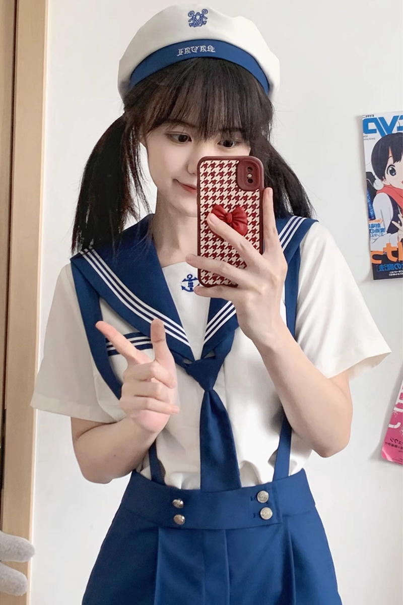 Sailor Shirt + Suspender Shorts + Tie + Beret