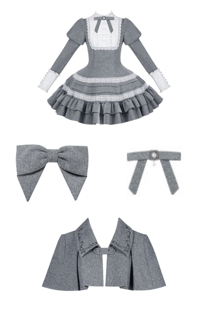 Ruffled Cape Coat + Dress + Hair Accessories + Brooch