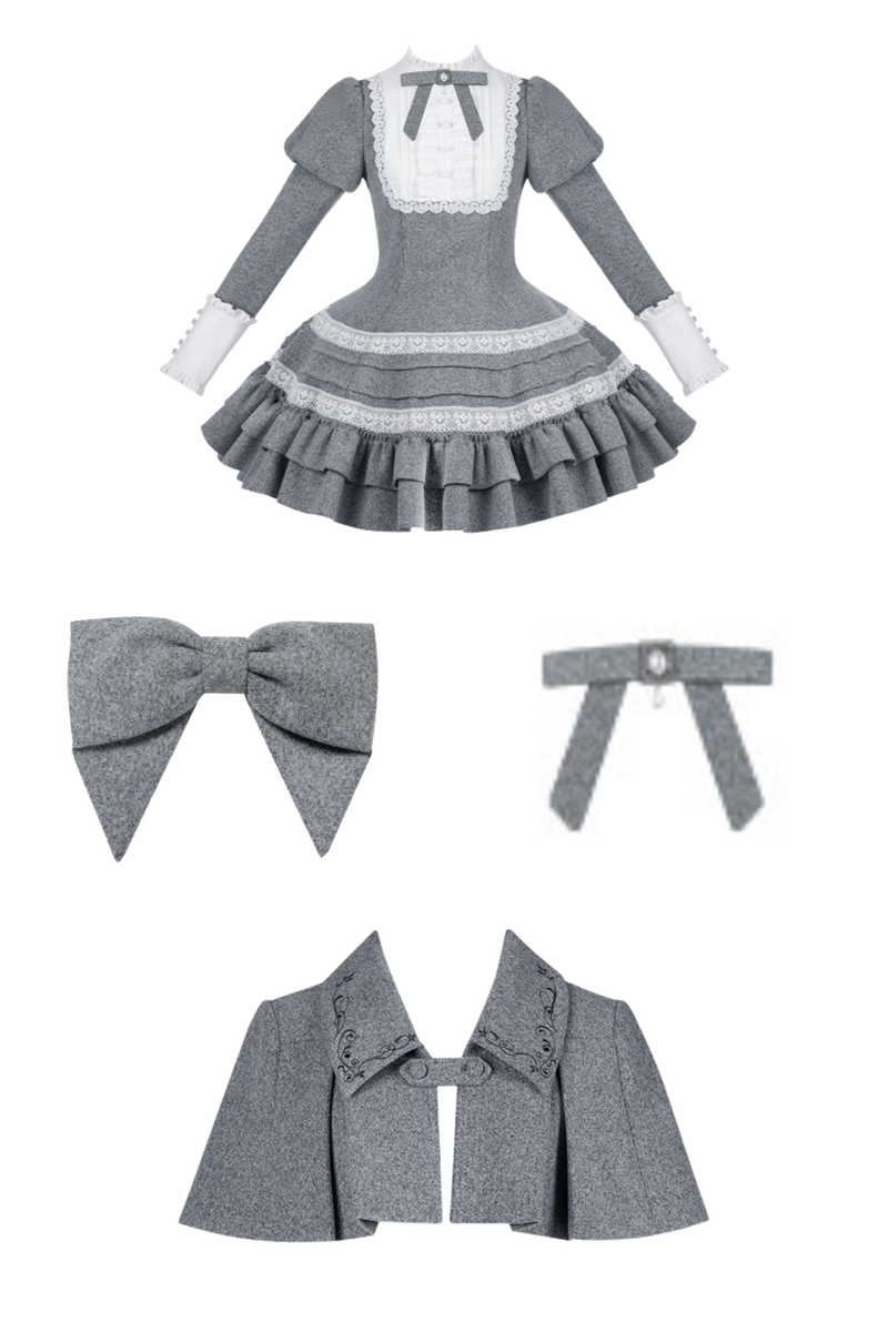 Ruffled Cape Coat + Dress + Hair Accessories + Brooch
