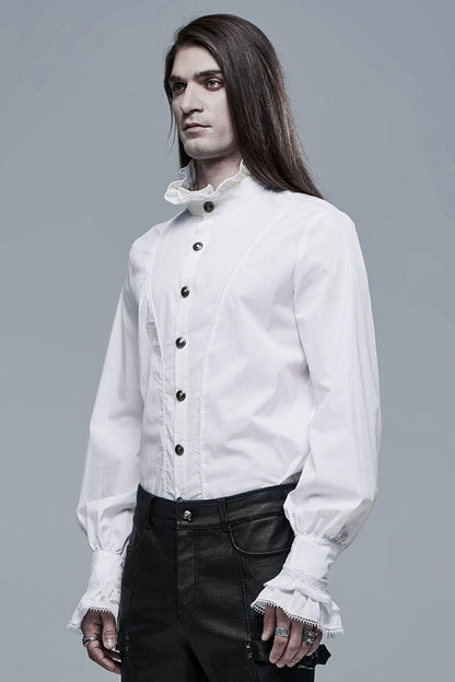White Stand Collar Lantern Sleeves Slim Gothic Blouse