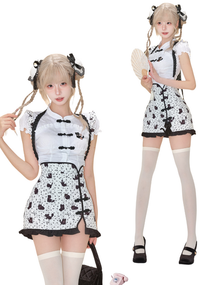 Black Cat Chinese-style Top + Slit Cat Skirt
