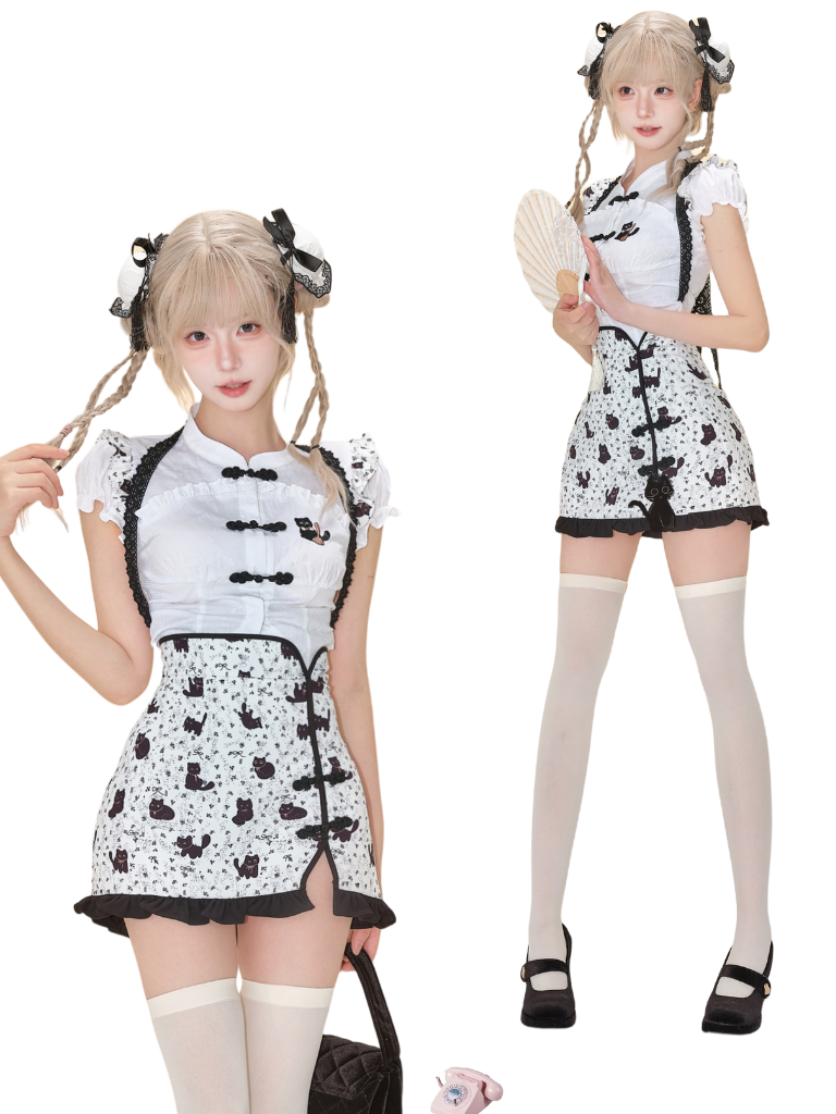 Black Cat Chinese-style Top + Slit Cat Skirt