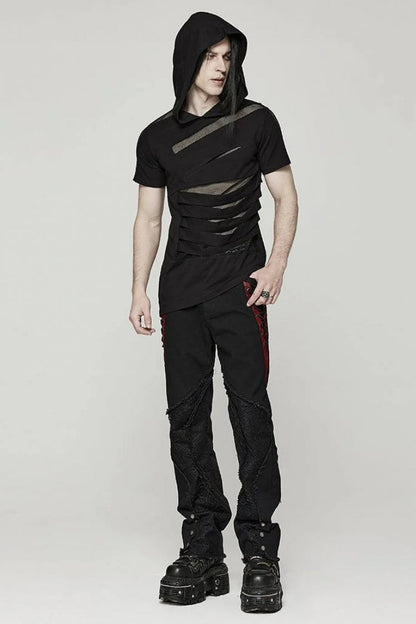 Black Short Sleeves Stitching Hooded Mesh Ripped Steampunk T-shirt