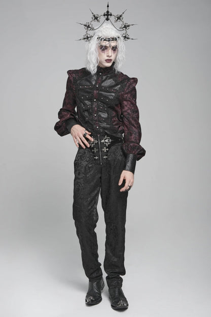 Black/red Stand Collar Long Lantern Sleeves Print Embroidery Gothic Blouse