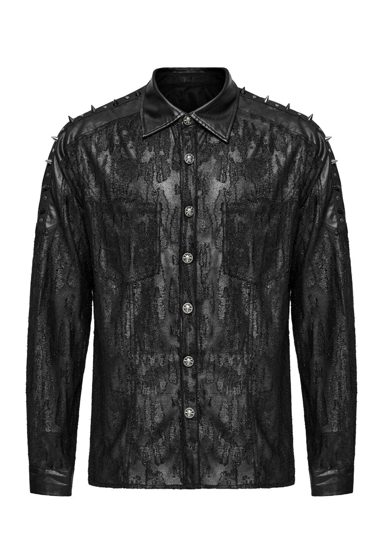 Black Lapel Collar Long Sleeves Faux Leather Stitching Punk Blouse