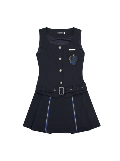V-neck College Suspender Skirt + Accent Short Shirt