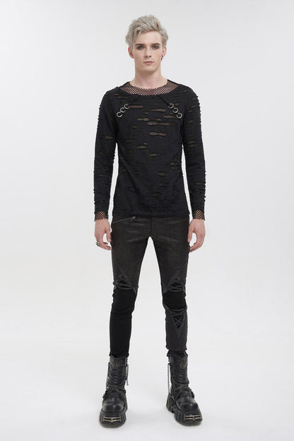 Black Diamond Mesh Irregular Hole Long-sleeved Punk T-shirt