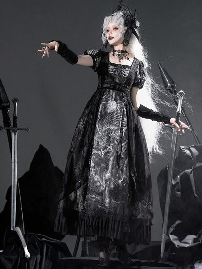 [pre-order Deadline: June 8] Phantom Knight Dark Gothic Square Neck Layered Dress (with Choker & Waist Belt)
