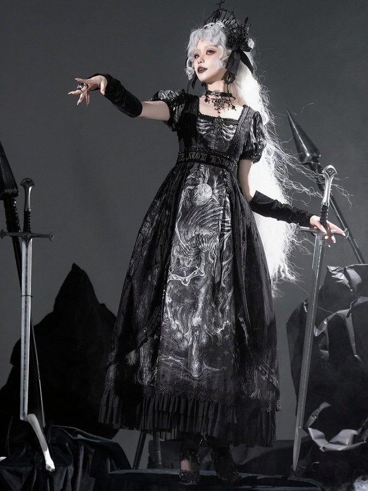 [pre-order Deadline: June 8] Phantom Knight Dark Gothic Square Neck Layered Dress (with Choker & Waist Belt)