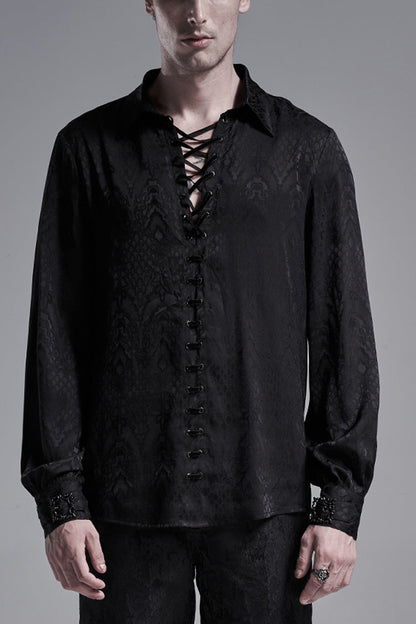 Jacquard Long Sleeve Front Metal Eyelets Lace Up Metal Carving Buckle Cuff Gothic Shirt 3 Colors