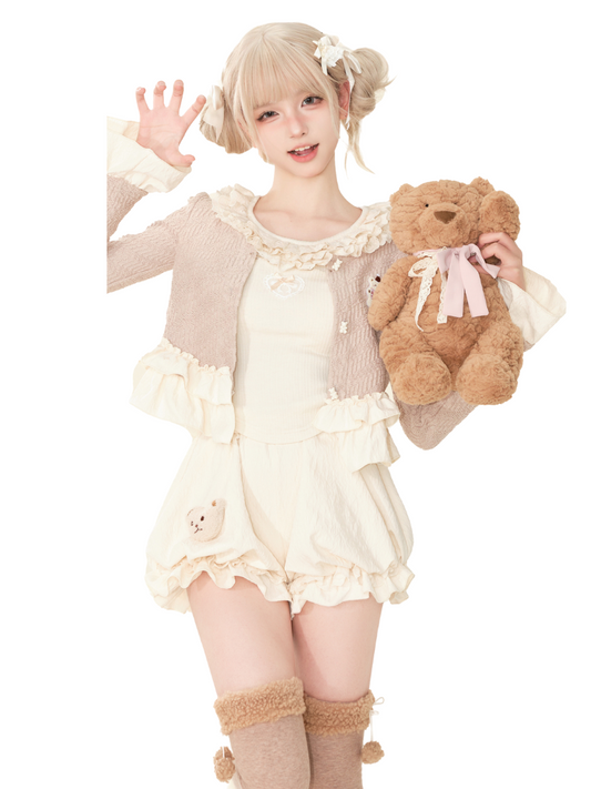 Caramel Ruffle Cardigan + Ruffle Neck Camisole + Pumpkin Pants