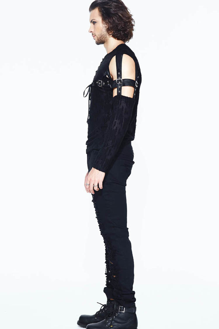 Black Leather Loop Sleeve Irregular Jacquard Knitted Chest Lace Up Removable Punk Shirt
