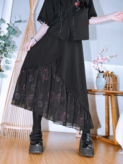 Dark New Chinese-style Tassel Shirt + Chinese-style Skirt