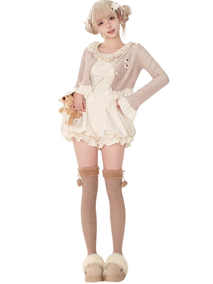 Caramel Ruffle Cardigan + Ruffle Neck Camisole + Pumpkin Pants
