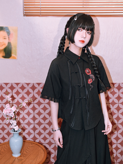 Dark New Chinese-style Tassel Shirt + Chinese-style Skirt