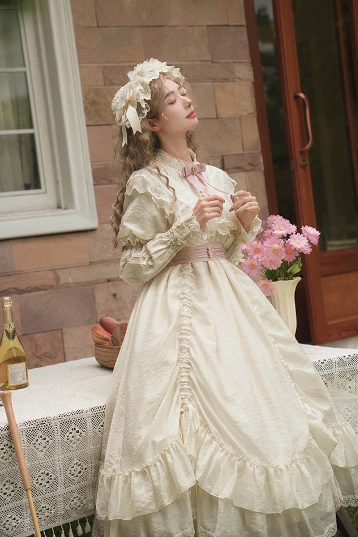 [pre-order] Rose Ruffle Lolita Dress + Dress + Belt + Brooch + Ribbon + Headband + Sleeve