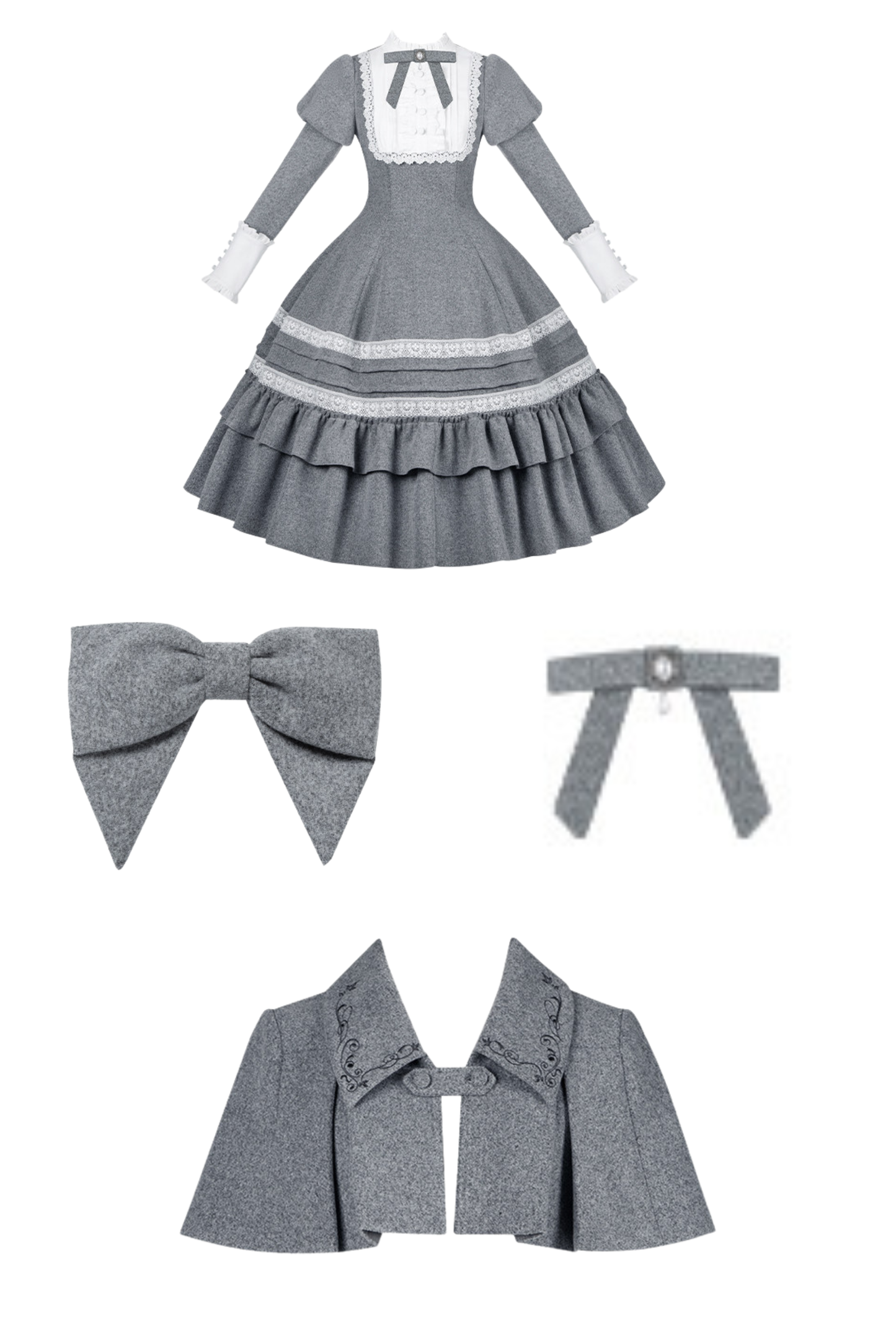 Ruffled Cape Coat + Dress + Hair Accessories + Brooch